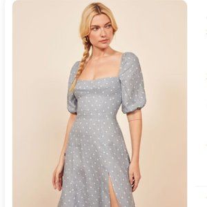 Reformation Linen Belgium Dress - blue polkadot